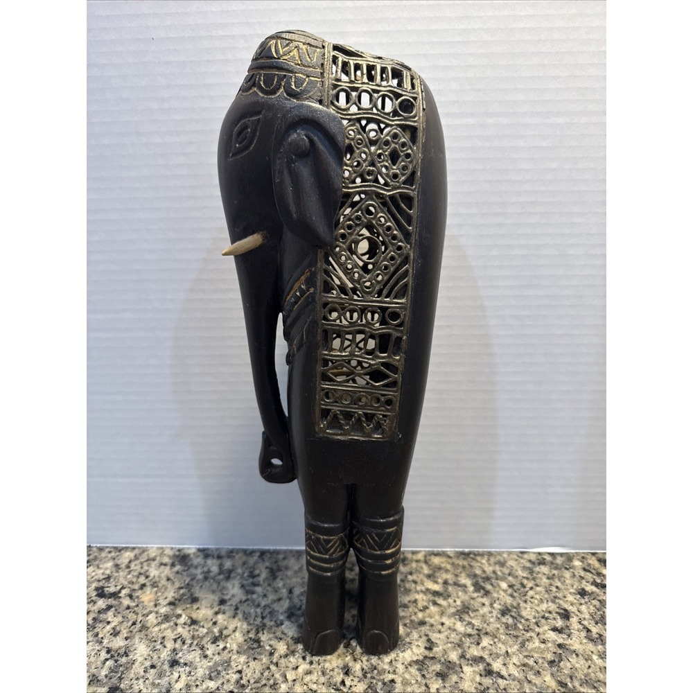 Vintage Carved Wood & Lattice Metal 12 1/2" Tall Elephant Read Description‎